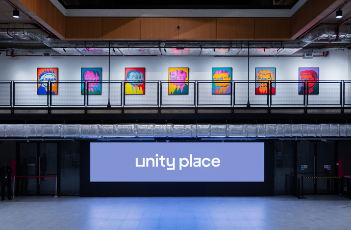 Unity Place entrace with screen and pop art